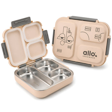 Allo Bento Stainless Steel Lunch Box for Kids- BIS Approved, 304 Stainless Steel 3 Compartment Leakproof Tiffin Box for Boys and Girls for School, Travelling, Baby Snacks, 740ml Beige Cool Eyes