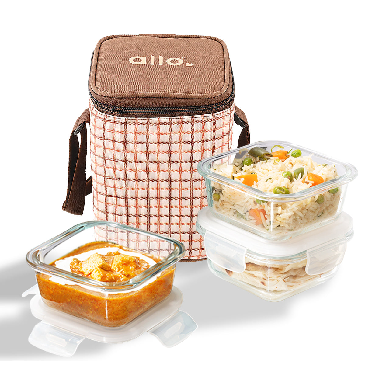 Allo Food Safe Glass Lunch Box, 450°C Microwave Safe Lunch Box, Borosilicate Glass Tiffin for office with Cocoa Brown Tiffin Bag, Set of 3, 320ml x 3, square