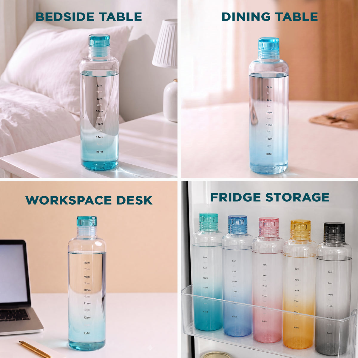 Allo Glass Water Bottle For Women & Men, 600 ml, Aesthetic H2O Bottles For Drinking Detox Water, Juice, Milk, Soda | 0.4 Ltr Bottle For Fridge, Storage, Home | Gift Set Packaging | Time Marked Blue