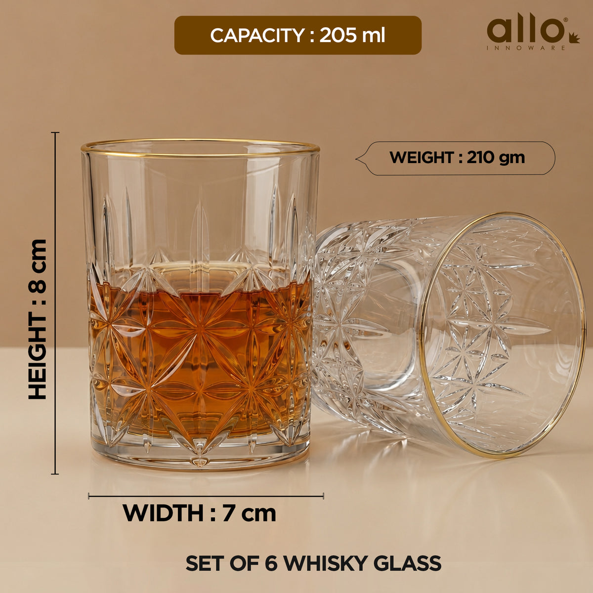 Allo Glass Set Of 6 Premium Whisky Glasses, 205 ml, For Drinking Water, Wine, Cocktail, Mocktail, Martini, Liquor, Alcohol, Scotch, Bourbon | Gift Set Packaging | Golden Rim Floral Cut Whiskey Glass