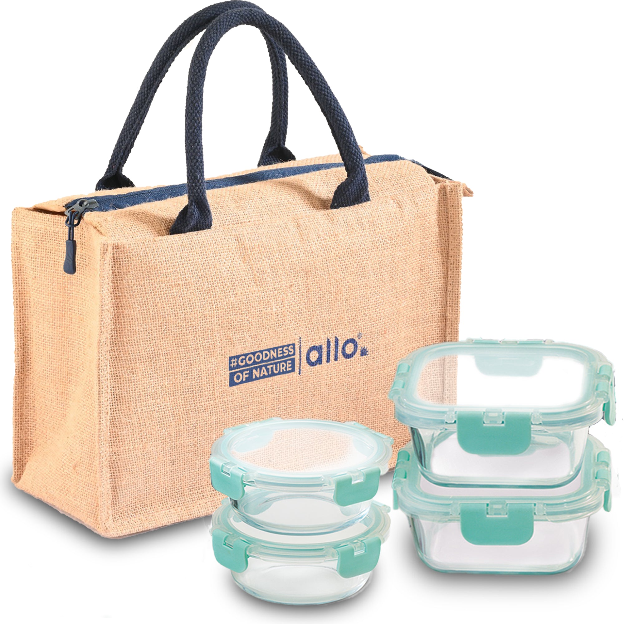 Allo Food Safe Glass Lunch Box With Break Free Detachable Lock, 450°C Microwave Safe Lunch Box, Borosilicate Glass Tiffin For Office With Jute Tiffin Bag, Set Of 4, 215Ml X 2 & 310Ml X 2, Beige