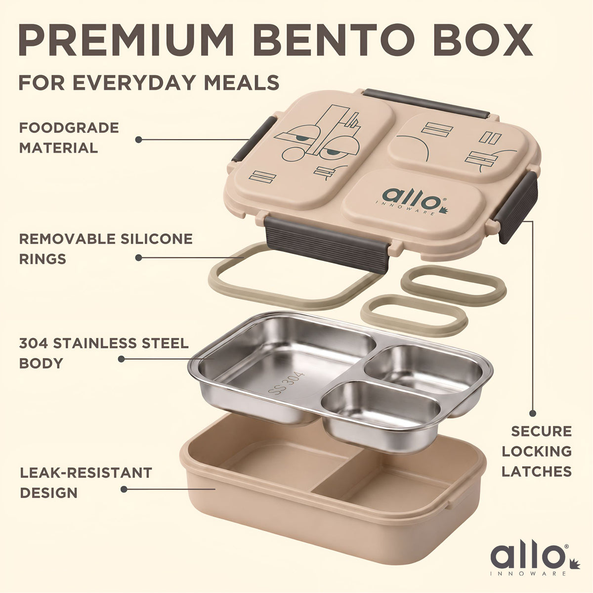 Allo Bento Stainless Steel Lunch Box for Kids- BIS Approved, 304 Stainless Steel 3 Compartment Leakproof Tiffin Box for Boys and Girls for School, Travelling, Baby Snacks, 740ml Beige Cool Eyes