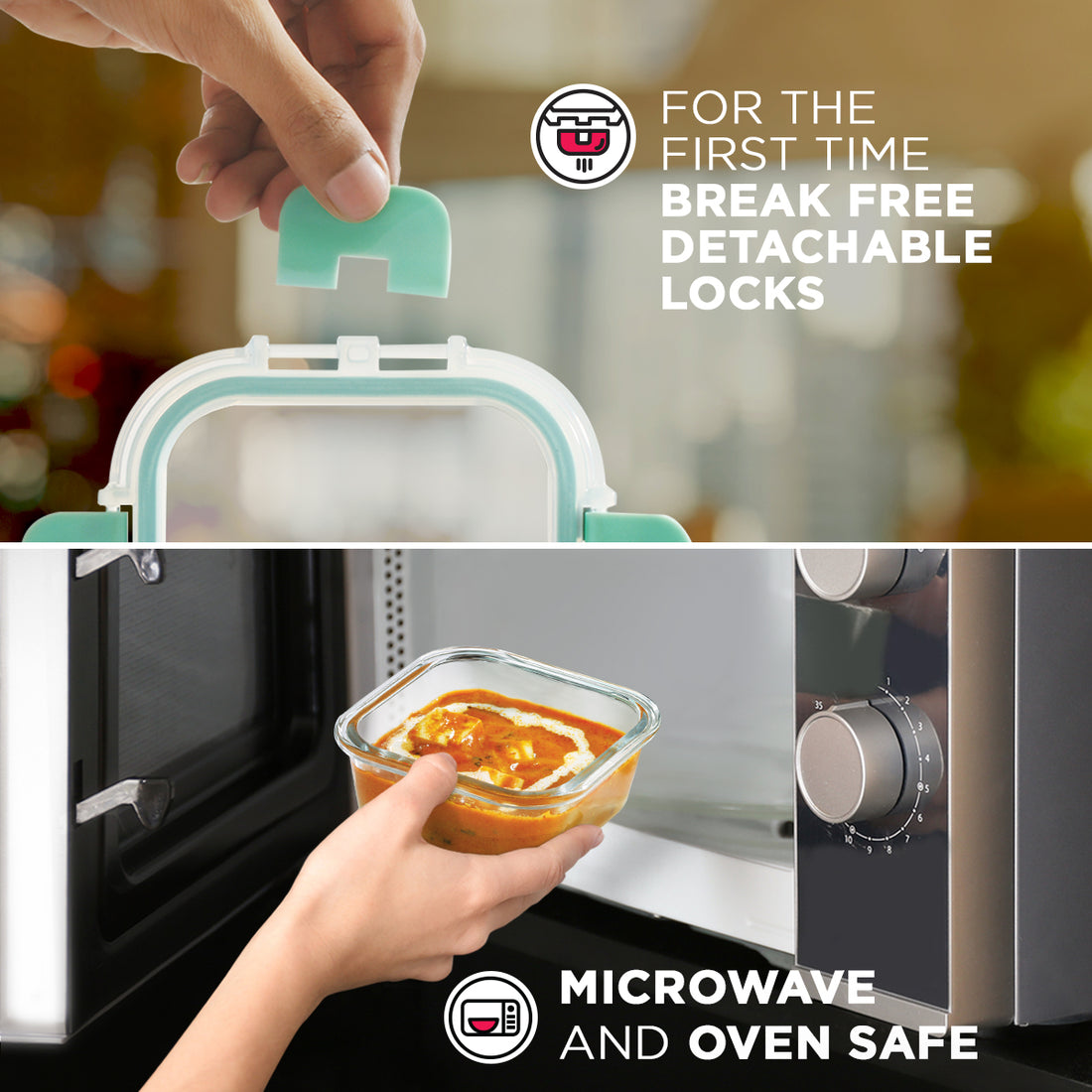 Allo Food Safe Glass Containers with Lids with Break Free Lock, Microwave Safe Containers, Borosilicate Meal Prep Glass Food Storage Containers for Kitchen, Set of 2 160ml, 520ml, Square.