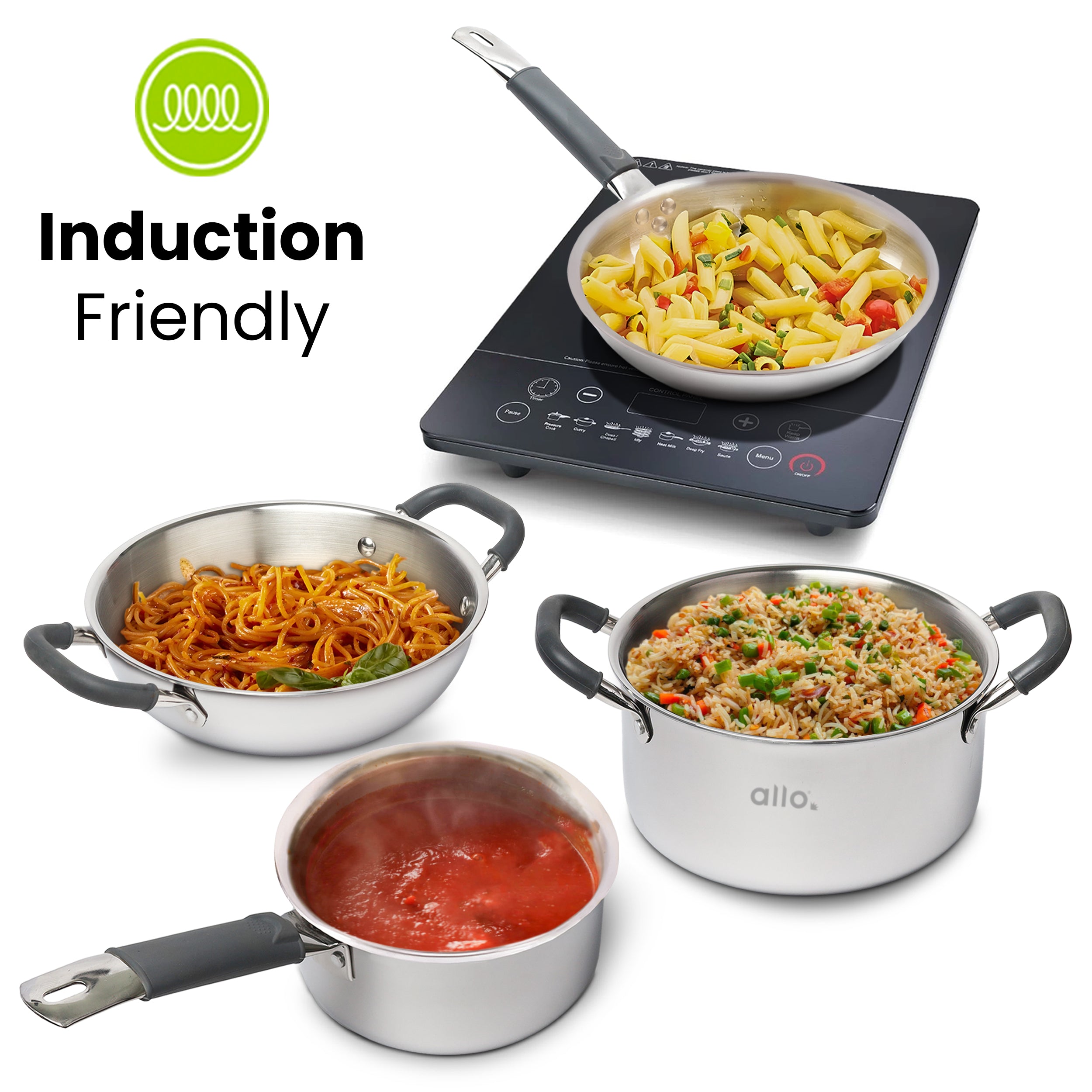 Allo Stainless Steel Triply Cookware Set | Kadai (20 Cm/1.5 L)+ Fry Pan (20 Cm/1 L)+ Saucepot (20 Cm/3.2 L)+ Saucepan (14 Cm/1 L) | Cooking Combo Stir-Deep-Fry/Induction Friendly Set of 7 | Nonstick