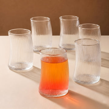 Allo Premium Glass Set Of 6, 425 ml, Latest Design Glasses For Water, Juice, Whisky, Cold Drink | Lead Free | Perfect For Home & Parties, Gift Set Packaging | Transparent Curved Rib Glass