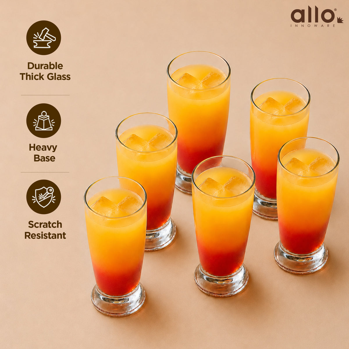 Allo Premium Glass Set Of 6, 310 ml, Latest Design Glasses For Water, Juice, Whisky, Cold Drink | Perfect For Home, Restaurants & Parties, Gift Set Packaging | Transparent Pedestal Glass