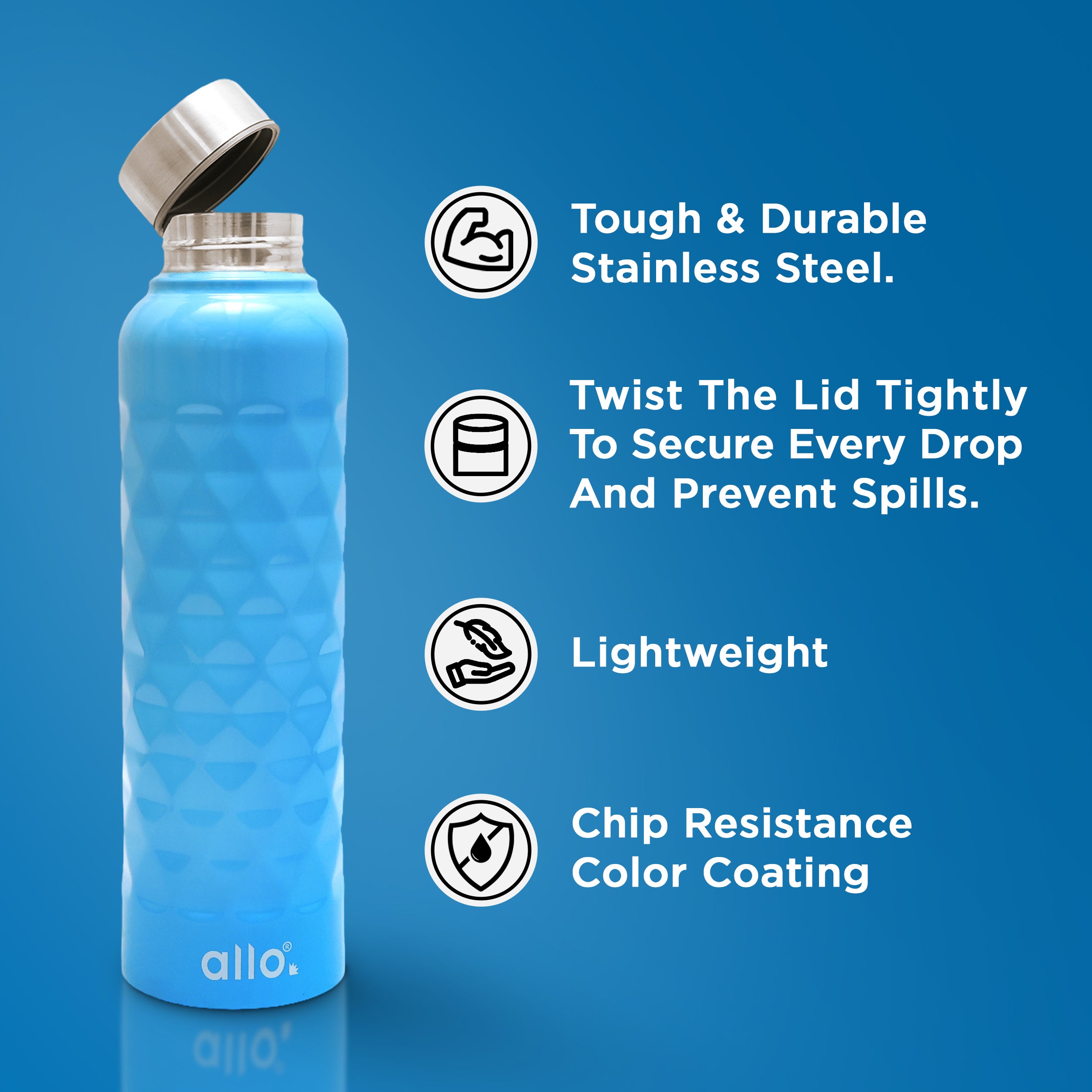 Allo Steel Water Bottles Stainless Steel Sipper Water Bottle for adults, kids 0.95 Litre Water Bottles for School, Office, Sports, Gym 950ML Water Bottle for Men and women,True Blue 950ml