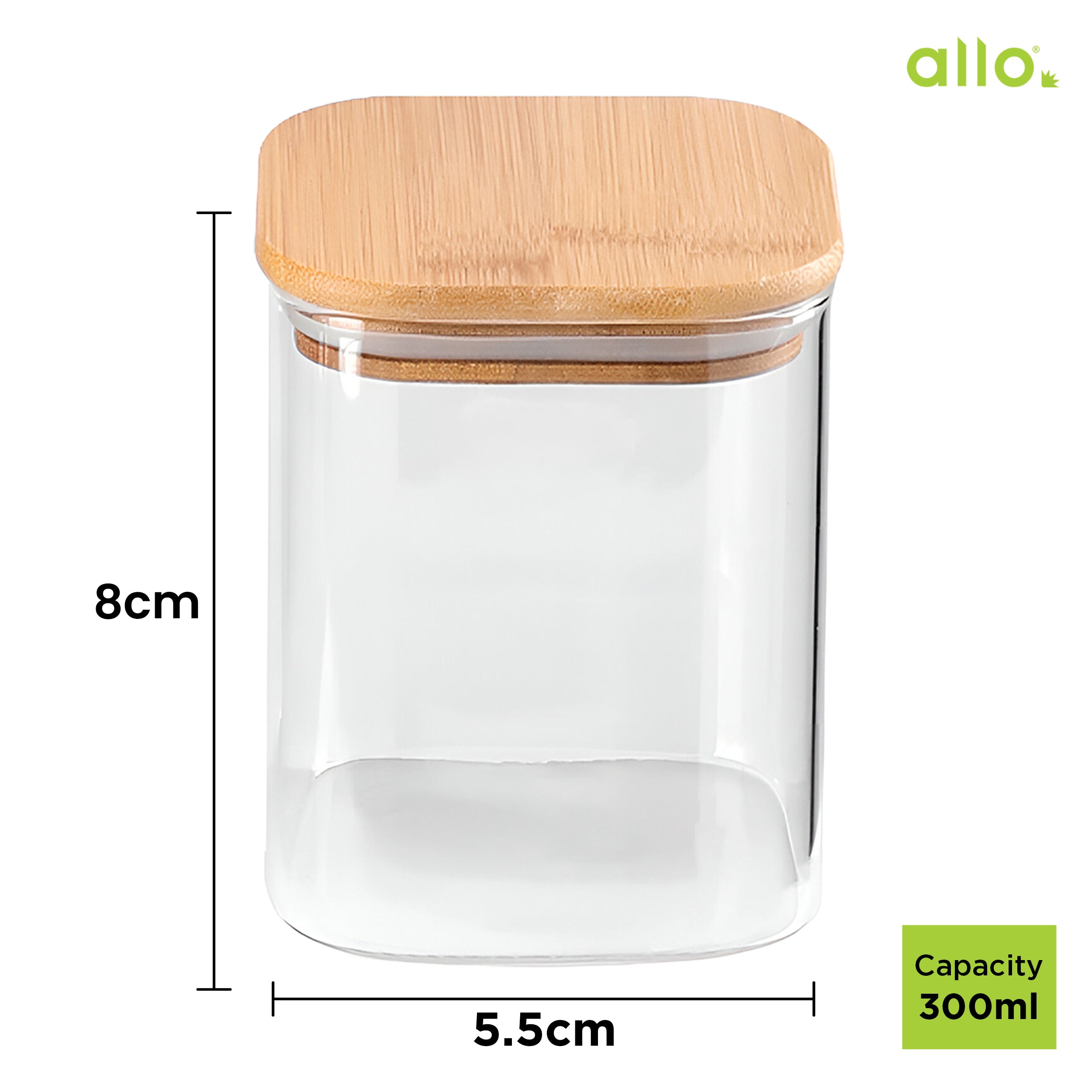 Allo 300ML Kitchen Storage Box Glass Jars With Wooden Lids - Borosilicate Glass Food Storage Containers Airtight Glass Jar For Tea, Coffee, Spice, Pulses, Masala (Square Glass Jar - Set of 5)