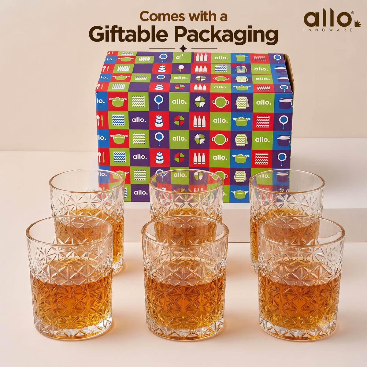 Allo Glass Set Of 6 Premium Whisky Glasses, 210 ml, For Drinking Water, Wine, Cocktail, Mocktail, Martini, Liquor, Alcohol, Scotch, Bourbon | Gift Set Packaging | Transparent Diamond Cut Whiskey Glass
