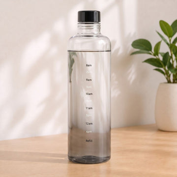 Allo Glass Water Bottle For Women & Men, 600 ml, Aesthetic H2O Bottles For Drinking Detox Water, Juice, Milk, Soda | 0.4 Ltr Bottle For Fridge, Storage, Home | Gift Set Packaging | Time Marked Black