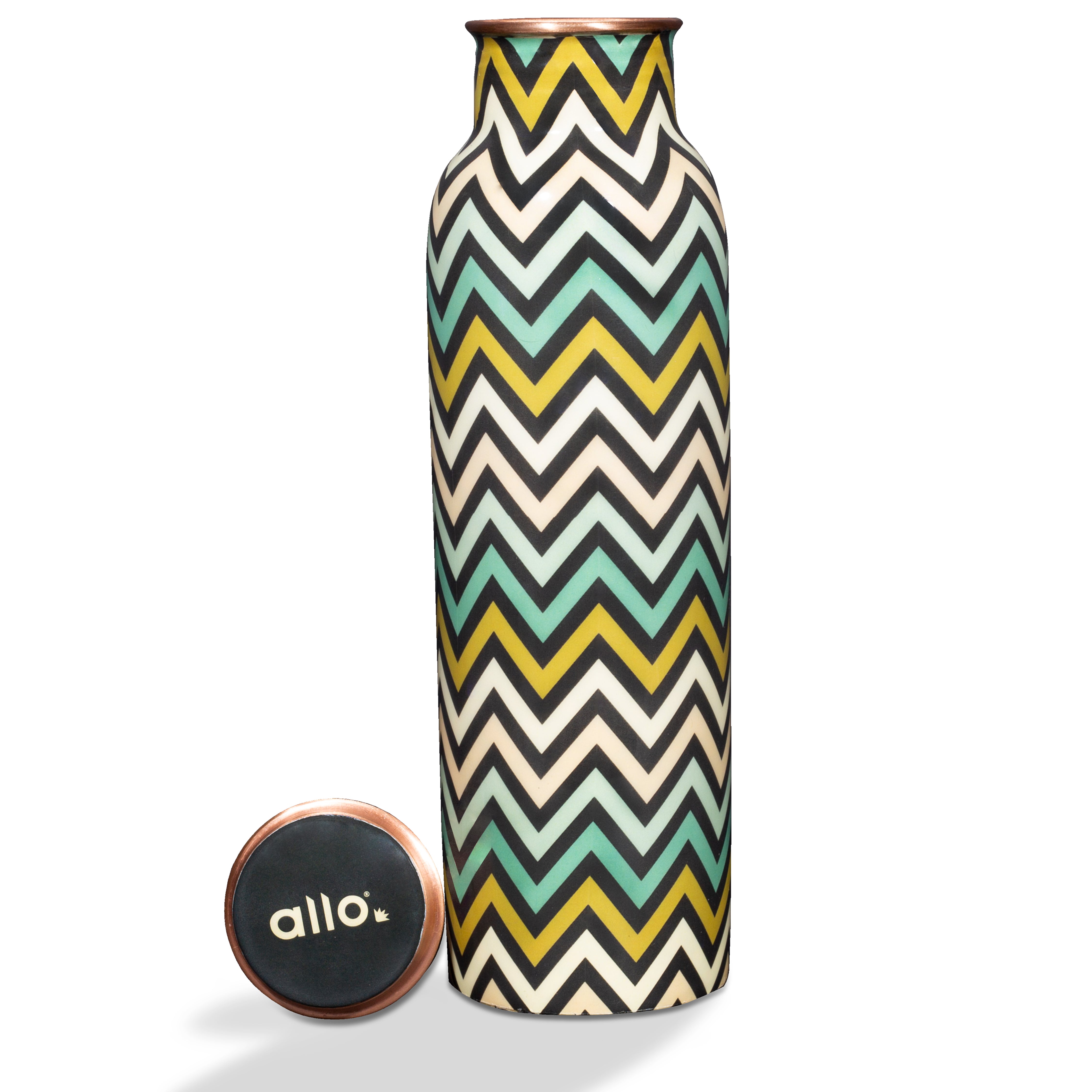 Allo Pure Copper Water Bottle 1 Litre Copper Bottle | Alkaline and Anti Oxidant | 100% Leak Proof, Office, Gym Bottle, Modern Tamba Bottle for Adults, Best Gift for Diwali (Chevron Green & Yellow)