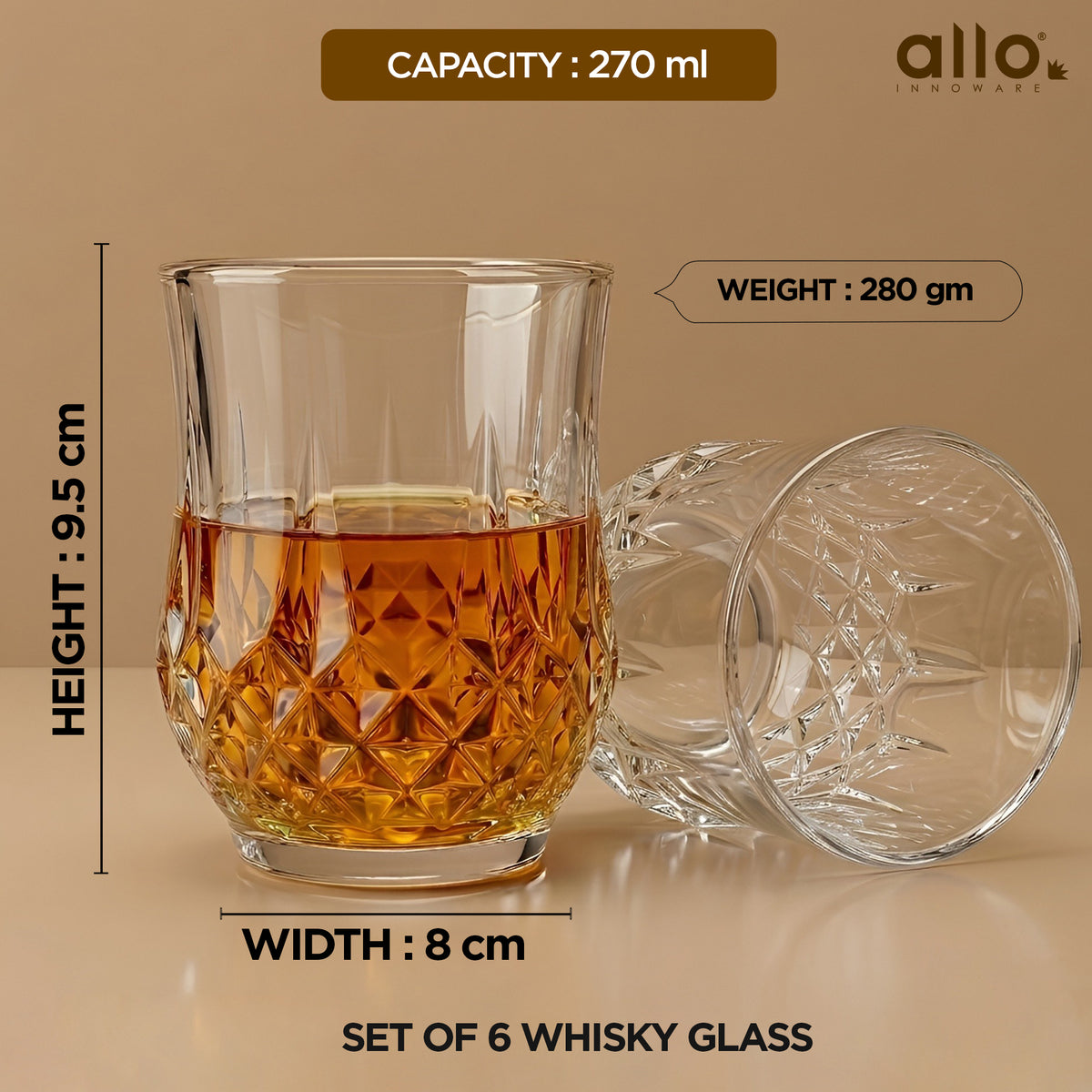 Allo Glass Set Of 6 Premium Whisky Glasses, 270 ml, For Drinking Water, Wine, Cocktail, Mocktail, Martini, Liquor, Alcohol, Scotch, Bourbon | Gift Set Packaging | Transparent Quilted Diamond Cut Glass