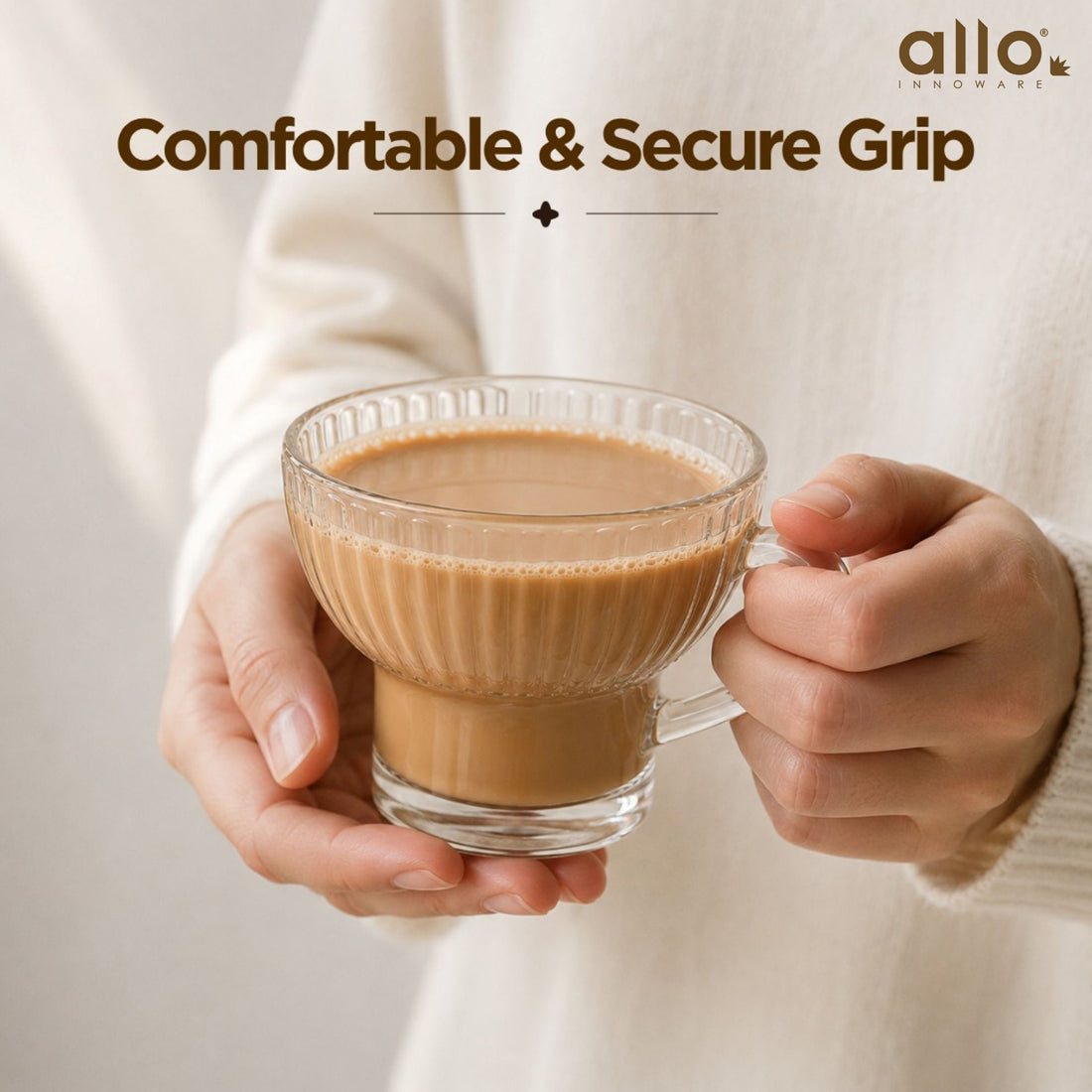 Allo Glass Tea Cups & Mugs, Set Of 6, 225 Ml, Cupset With Handle For Chai, Coffee, Green Tea, Latte | Elegant Home & Kitchen Glassware | Gift Set Packaging | Transparent Ribbed Tea Cup