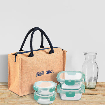 Allo Food Safe Glass Lunch Box With Break Free Detachable Lock, 450°C Microwave Safe Lunch Box, Borosilicate Glass Tiffin For Office With Jute Tiffin Bag, Set Of 4, 215Ml X 2 & 310Ml X 2, Beige