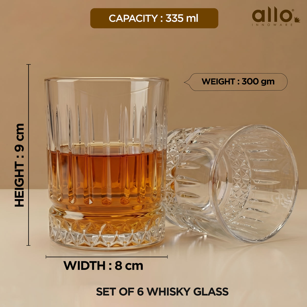 Allo Glass Set Of 6 Premium Whisky Glasses, 335 ml, For Drinking Water, Wine, Cocktail, Mocktail, Martini, Liquor, Alcohol, Scotch, Bourbon | Gift Set Packaging | Transparent Vertical Diamond Glass