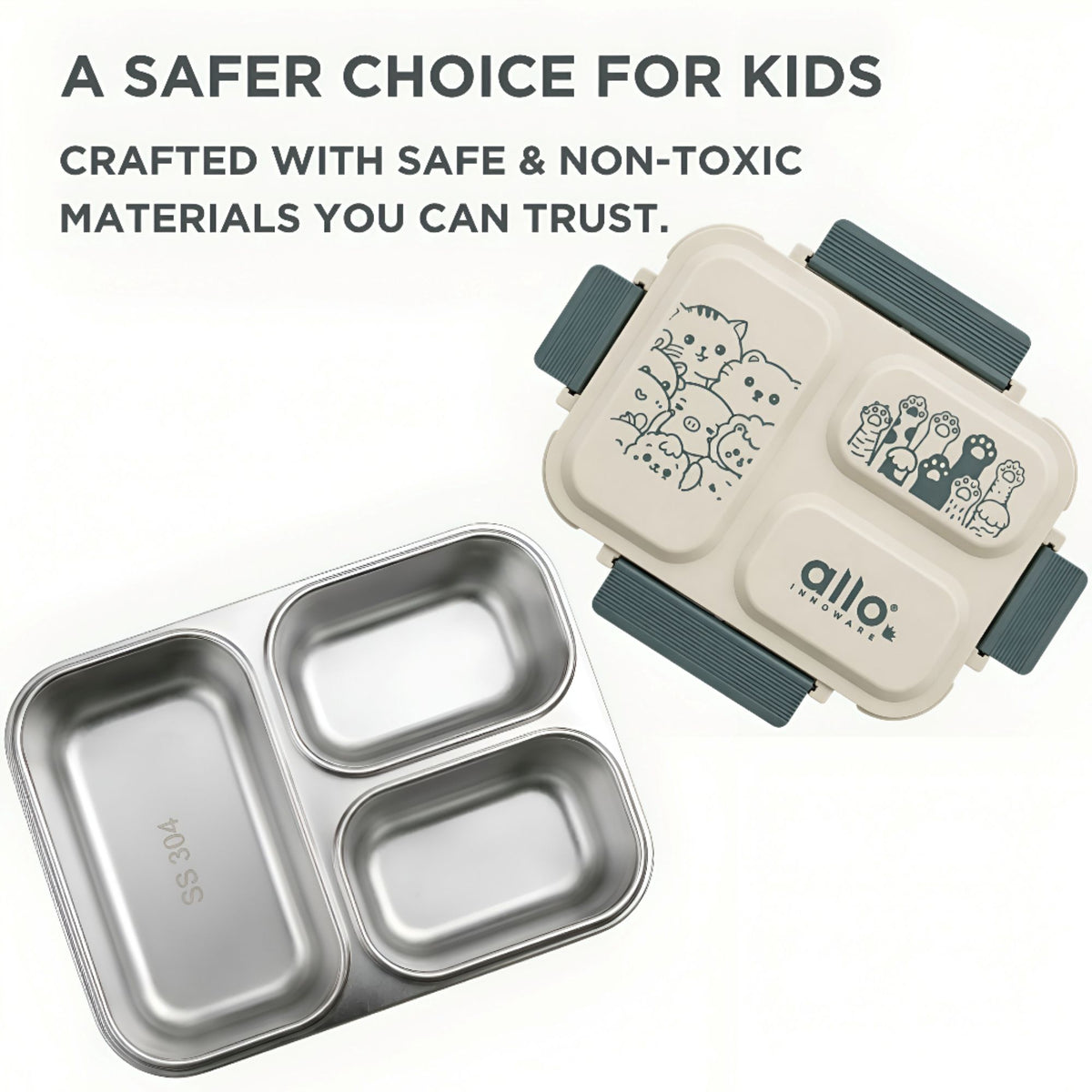 Allo Bento Stainless Steel Lunch Box for Kids- BIS Approved, 304 Stainless Steel 3 Compartment Leakproof Tiffin Box for Boys and Girls for School, Travelling, Baby Snacks, 740ml Green Cats