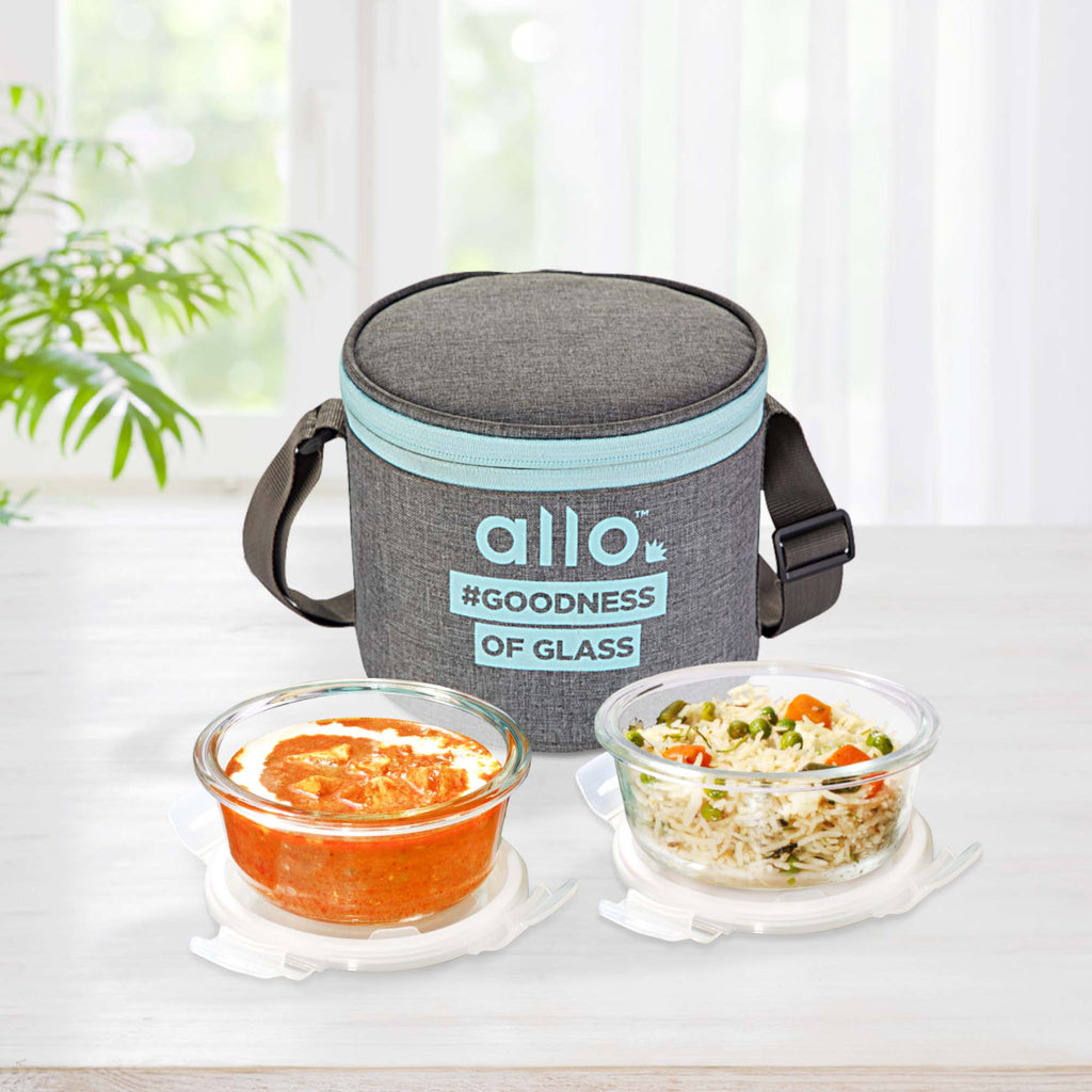 Allo Food Safe Glass Lunch Box, 450°C Microwave Safe Lunch Box, Borosilicate Glass Tiffin for office with Canvas grey Tiffin Bag, Set of 2, 400ml x 2, round