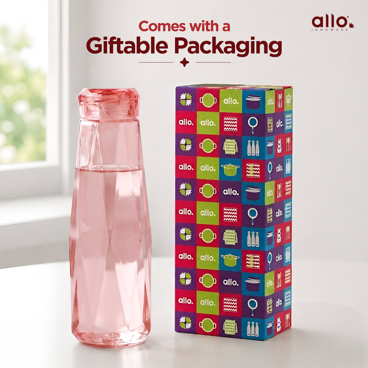 Allo Glass Water Bottle For Women & Men, 450 ml, Aesthetic H2O Bottles For Drinking Detox Water, Juice, Milk, Soda | 0.4 Ltr Bottle For Fridge, Storage, Home | Gift Set Packaging | Geometric Pink