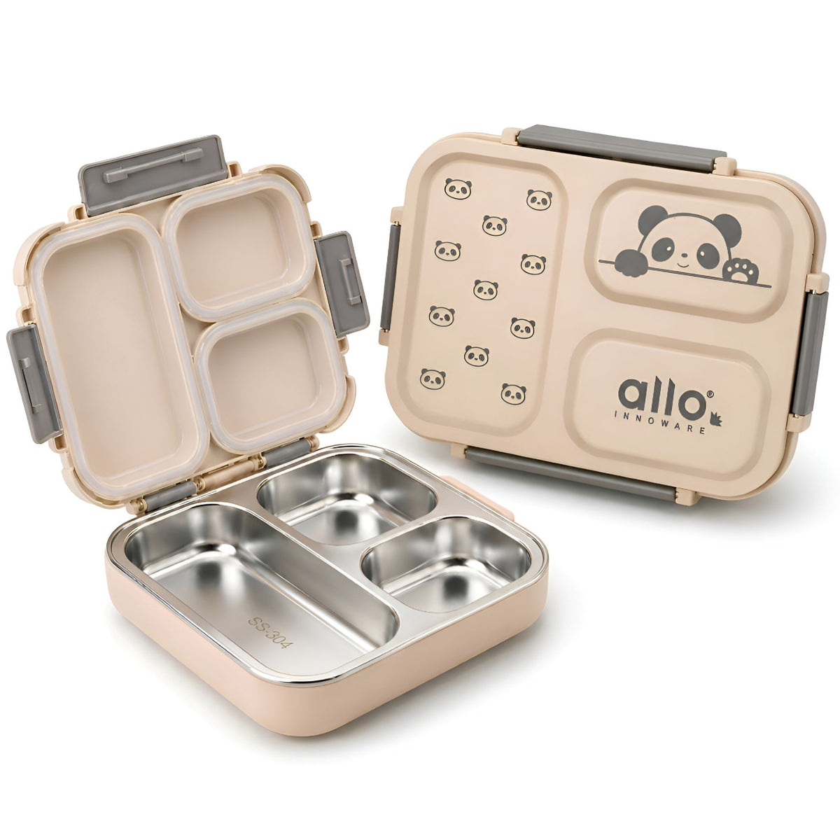 Allo Bento Stainless Steel Lunch Box for Kids- BIS Approved, 304 Stainless Steel 3 Compartment Leakproof Tiffin Box for Boys and Girls for School, Travelling, Baby Snacks, 740ml Beige Panda