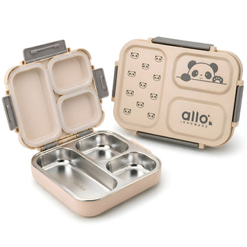Allo Bento Stainless Steel Lunch Box for Kids- BIS Approved, 304 Stainless Steel 3 Compartment Leakproof Tiffin Box for Boys and Girls for School, Travelling, Baby Snacks, 740ml Beige Panda