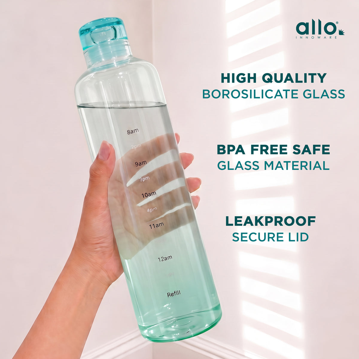 Allo Glass Water Bottle For Women & Men, 600 ml, Aesthetic H2O Bottles For Drinking Detox Water, Juice, Milk, Soda | 0.4 Ltr Bottle For Fridge, Storage, Home | Gift Set Packaging | Time Marked Green