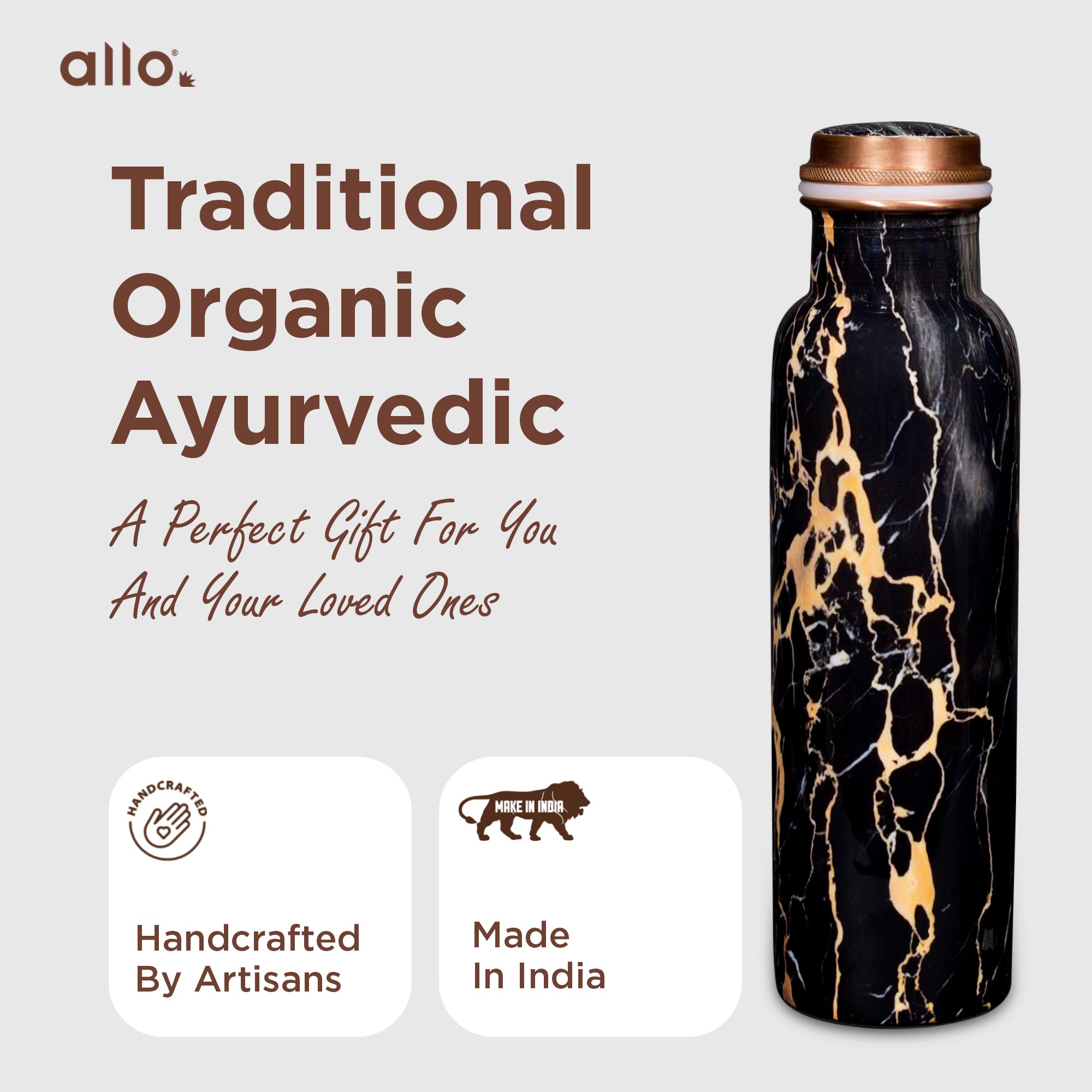 Allo Pure Copper Water Bottle 1 Litre Copper Bottle | Alkaline and Anti Oxidant | 100% Leak Proof, Office, Gym Bottle, Modern Tamba Bottle for Adults, Best Gift for Diwali (Black Natural Marble)