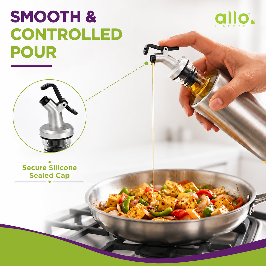 Allo Glass Oil Dispenser For Kitchen With Stainless Steel Cover| 300 ml Oil Bottle For Cooking | Home & Restaurant Use (0.3 Litre | Clear)