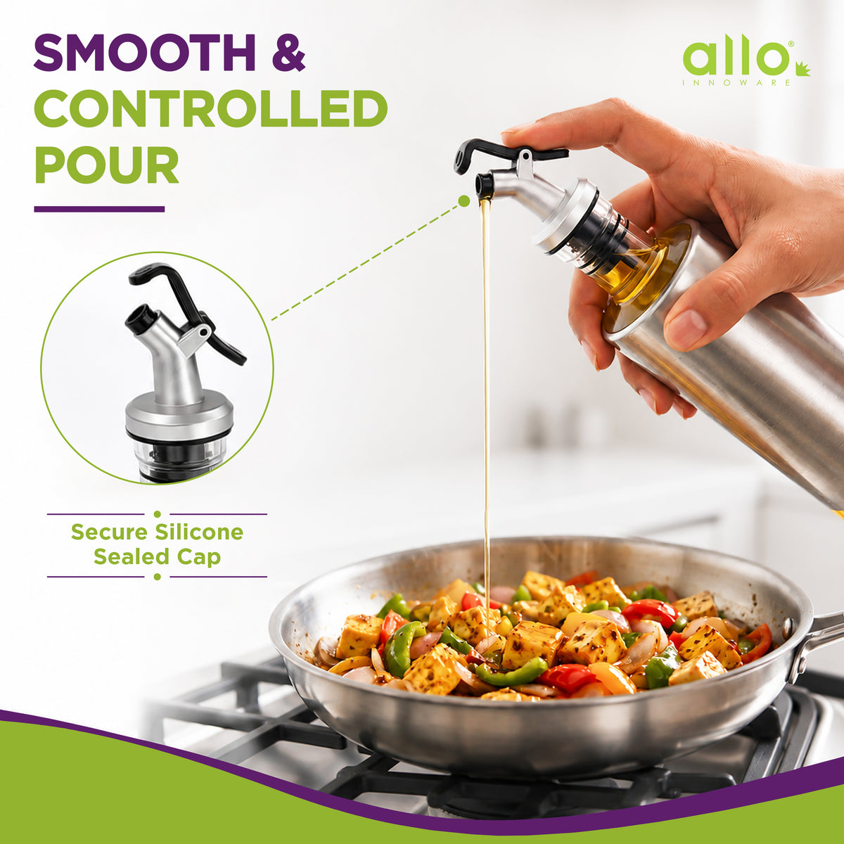 Allo Glass Oil Dispenser For Kitchen With Stainless Steel Cover| 300 ml Oil Bottle For Cooking | Home & Restaurant Use (0.3 Litre | Clear)