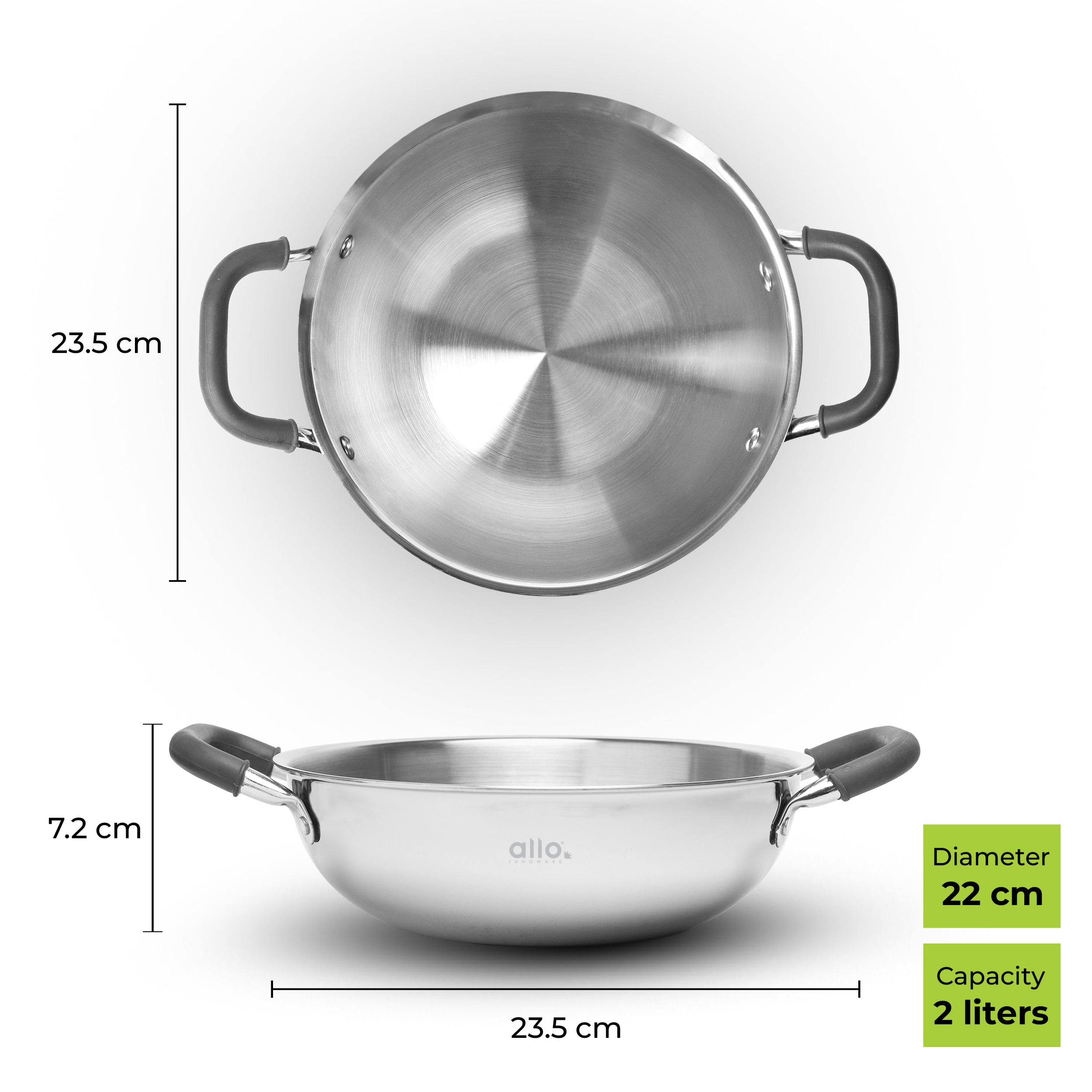 Allo Triply Stainless Steel Kadhai with Handles|Perfect Kadhai for Curry/Stir-Fry/Deep-Fry/DryVeg/Sauté Induction Friendly Naturally Non-Stick  | 10 Years Warranty, 22cm, 2 litres Without lid