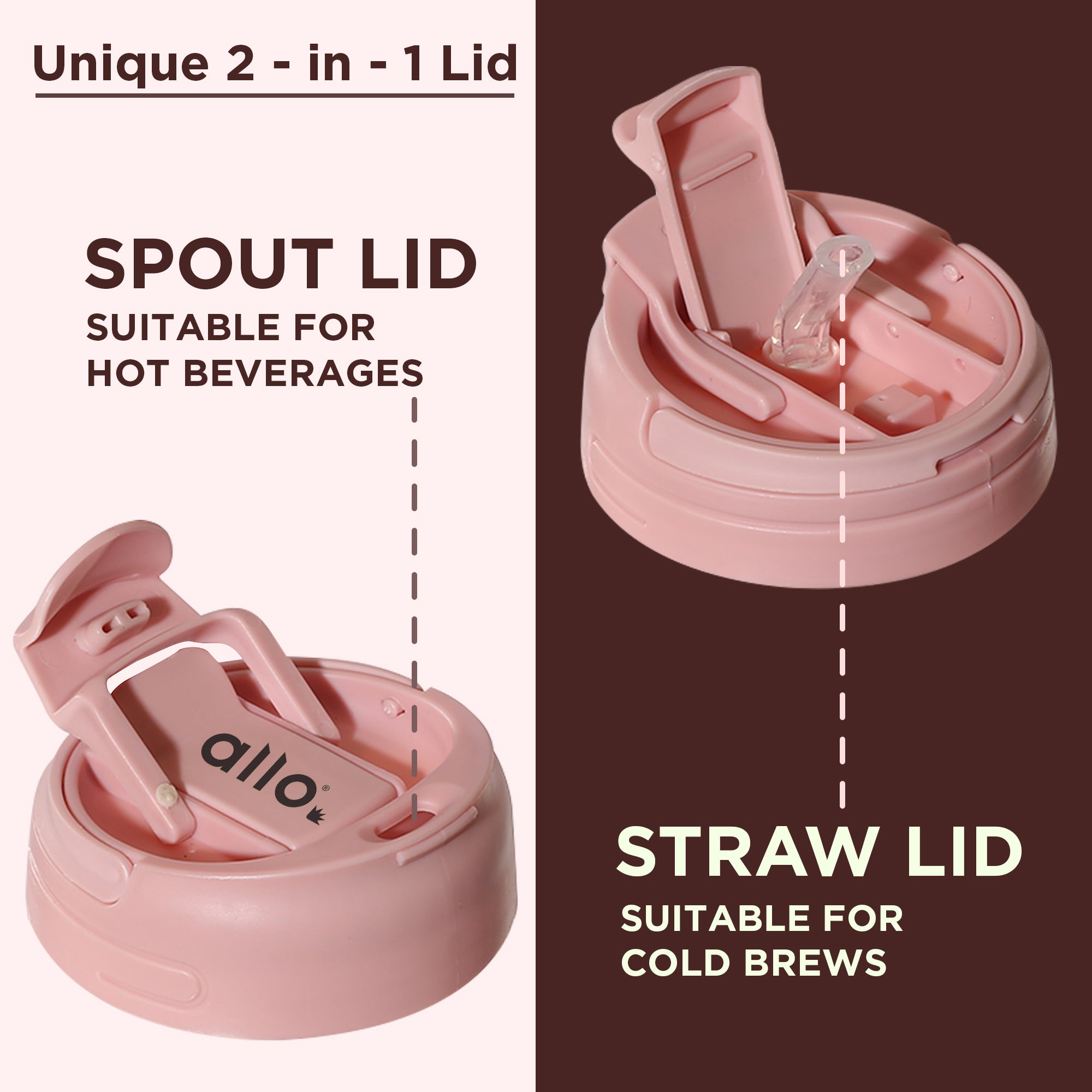 Allo Reusable Glass Mug Sipper Tumbler with Straw, Unique 2 in 1 Anti Spill Lid | Microwave Safe Leakproof Glass with Anti-Slip Grip for Hot & Cold Coffee|| Car, Office, Travel use | 350ml (Pink)