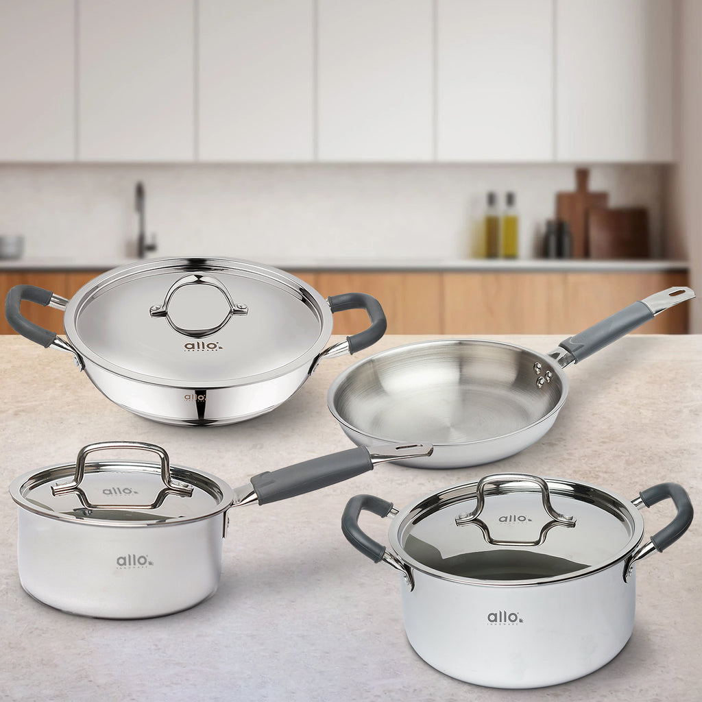 Allo Stainless Steel Triply Cookware Set | Kadai (20 Cm/1.5 L)+ Fry Pan (20 Cm/1 L)+ Saucepot (20 Cm/3.2 L)+ Saucepan (14 Cm/1 L) | Cooking Combo Stir-Deep-Fry/Induction Friendly Set of 7 | Nonstick