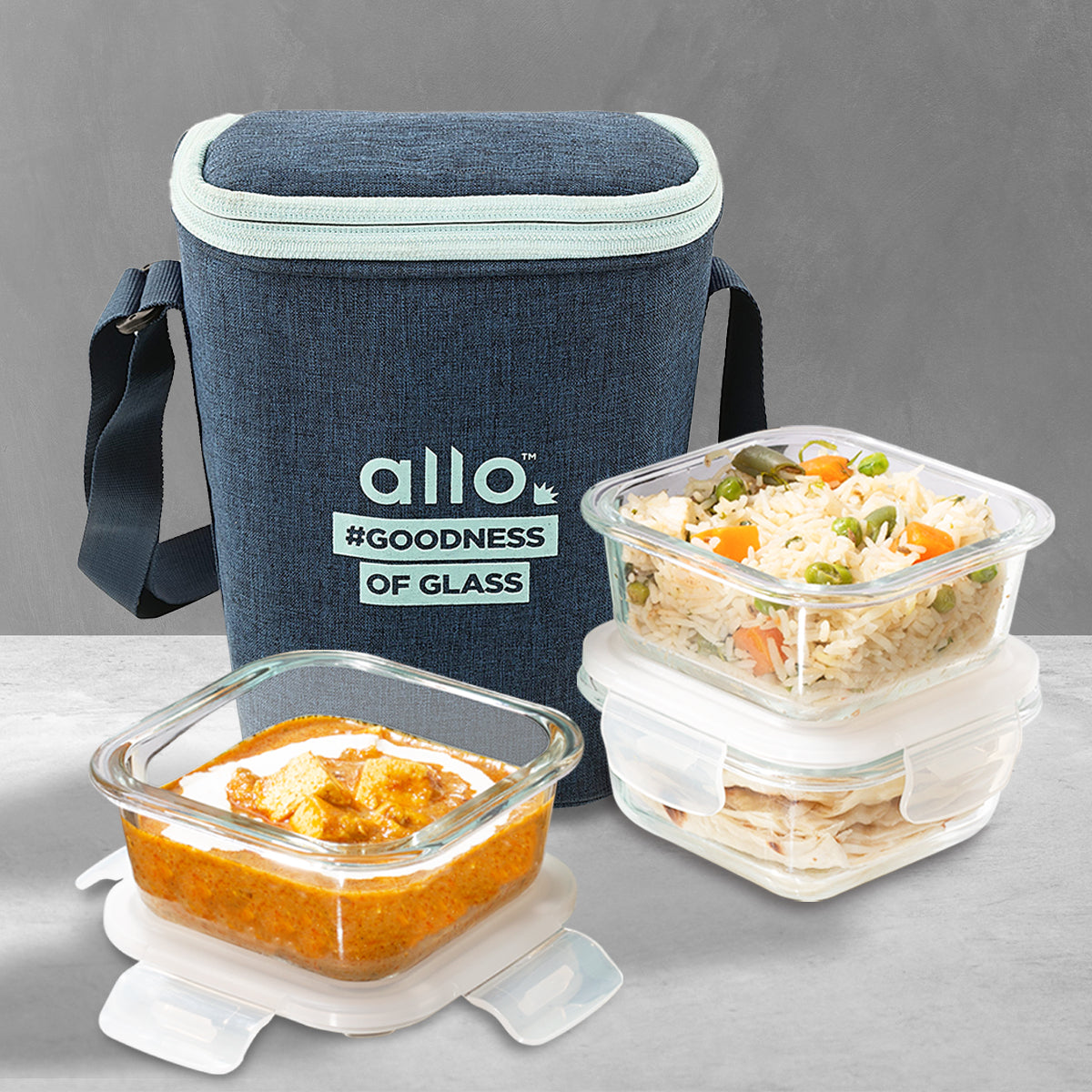 Allo Food Safe Glass Lunch Box, 450°C Microwave Safe Lunch Box, Borosilicate Glass Tiffin for office with Denim Blue Tiffin Bag, Set of 3, 320ml x 3, square