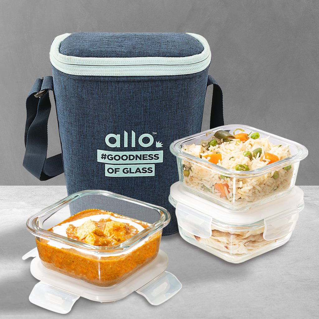 Allo Food Safe Glass Lunch Box, 450°C Microwave Safe Lunch Box, Borosilicate Glass Tiffin for office with Denim Blue Tiffin Bag, Set of 3, 320ml x 3, square