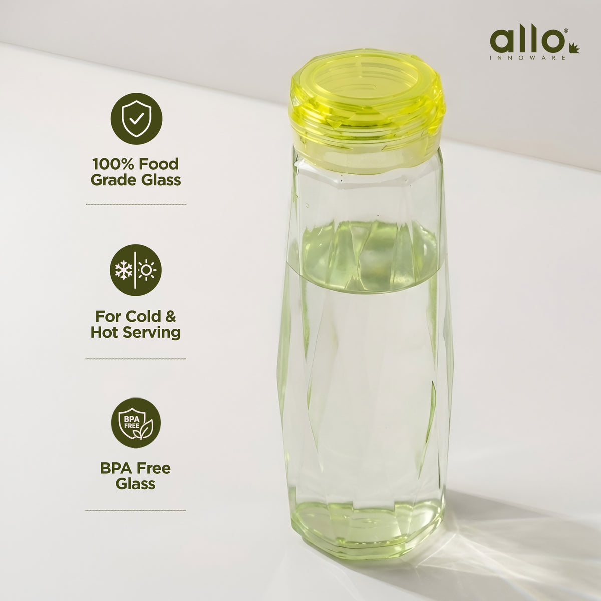 Allo Glass Water Bottle For Women & Men, 450 ml, Aesthetic H2O Bottles For Drinking Detox Water, Juice, Milk, Soda | 0.4 Ltr Bottle For Fridge, Storage, Home | Gift Set Packaging | Geometric Yellow