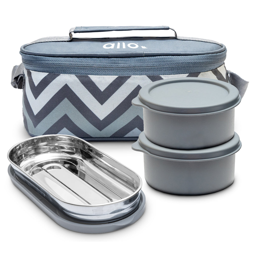 Allo Stainless Steel Lunch Box for Office with Bag, Microwave Safe AirTight & Leak Proof Tiffin for Office, School, College, Set of 3(Lunch Box 300ml x2, 1 Chappati Box 470ml x1) with Chevron Grey Bag