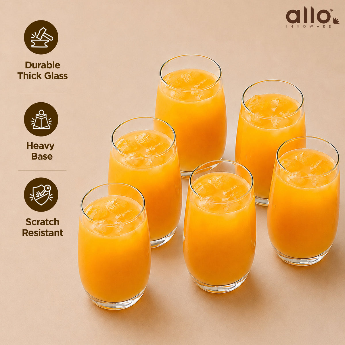 Allo Premium Glass Set Of 6, 250 ml, Latest Design Glasses For Water, Juice, Whisky, Cold Drink | Perfect For Home, Restaurants & Parties, Gift Set Packaging | Transparent Tapered Glass