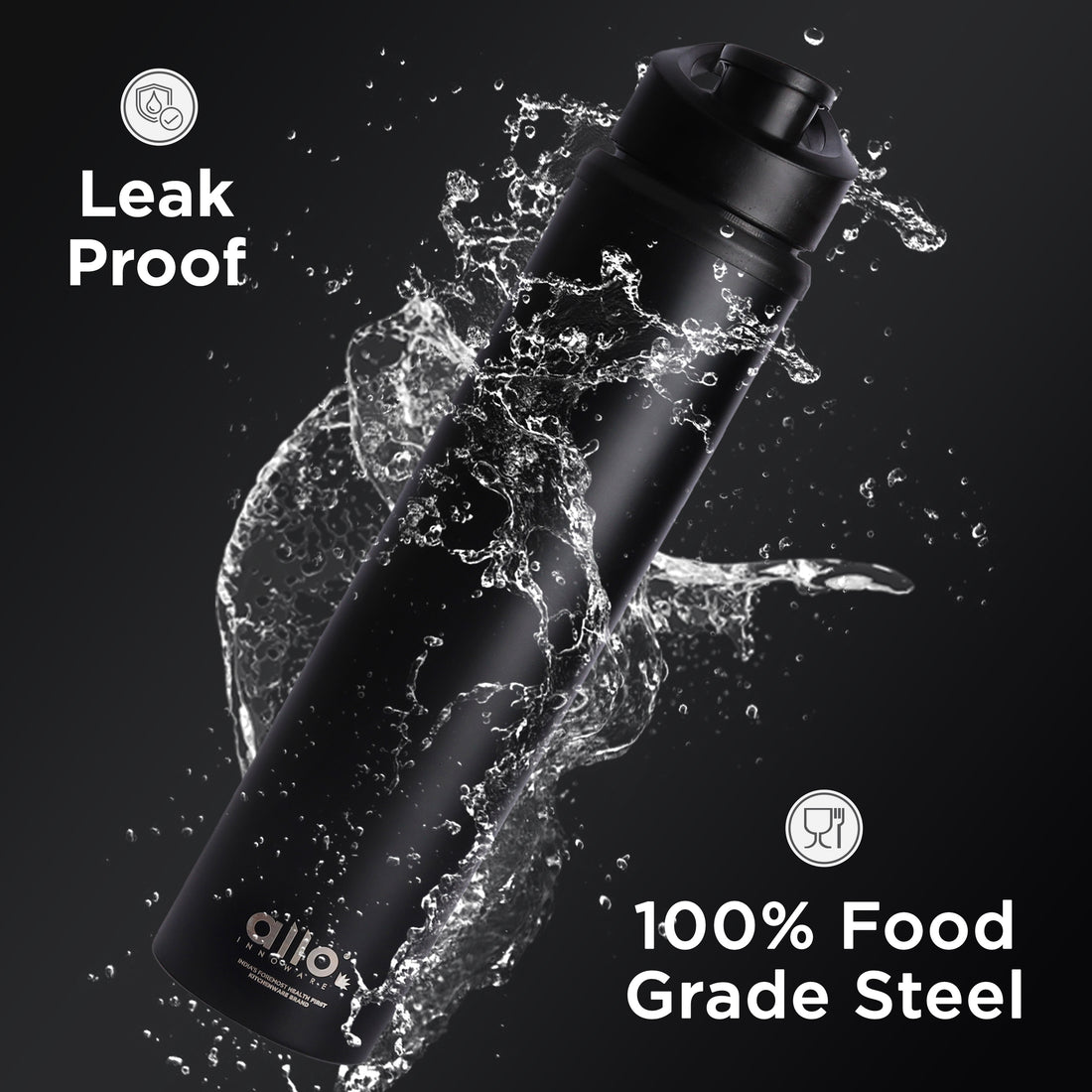 Allo Steel Water Bottles Stainless Steel Sipper Water Bottle for adults, kids 1 Litre Water Bottles for School, Office, Sports, Gym 1L Water Bottle for Men and women, Black 600ml
