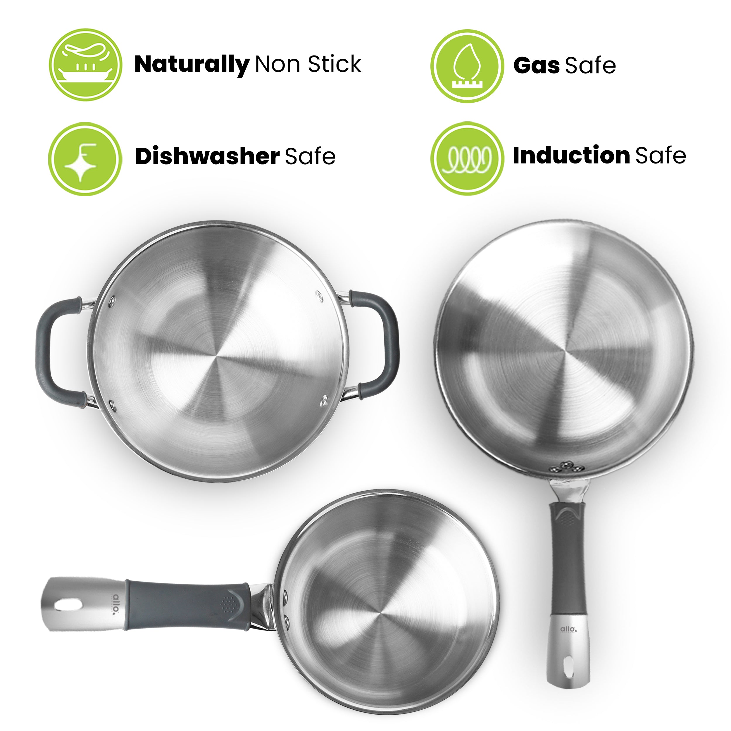 Allo Stainless Steel Triply Cookware Set | Kadai with Lid (22 Cm/3 L)+ Fry Pan (22 Cm/1.5L)+ Saucepan (16 Cm/1.5L) | Perfect Cooking Combo/Stir-Fry/Deep-Fry Induction Friendly Set of 5 | Nonstick