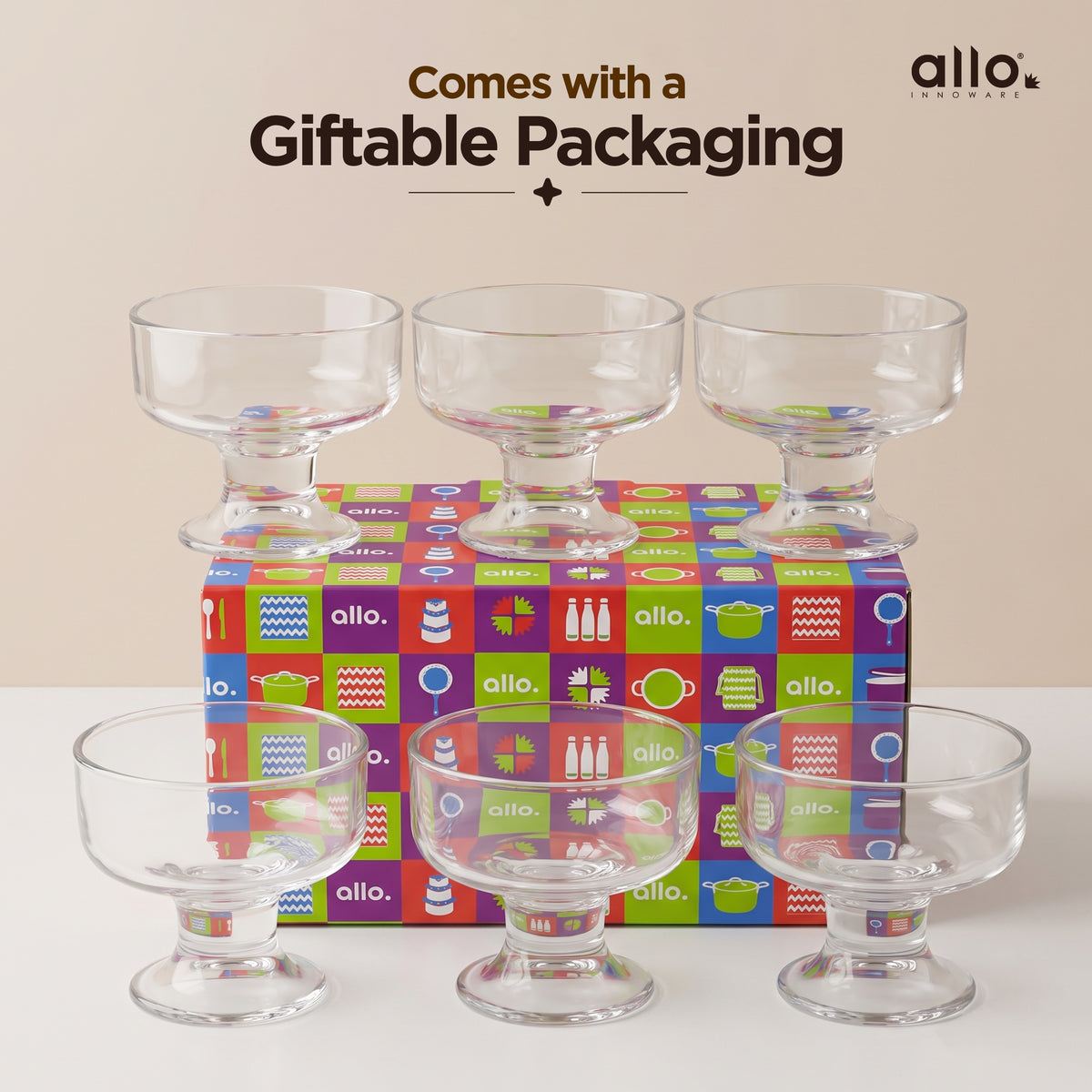 Allo Glass Ice Cream Bowl Set Of 6, 240 ml, Dessert Glasses For Icecream, Pudding, Candy, Snacks, Dates, Dry Fruit | Cups For Gifting And Serving, Gift Set Packaging | Classic Dessert Coupe Glass Bowl