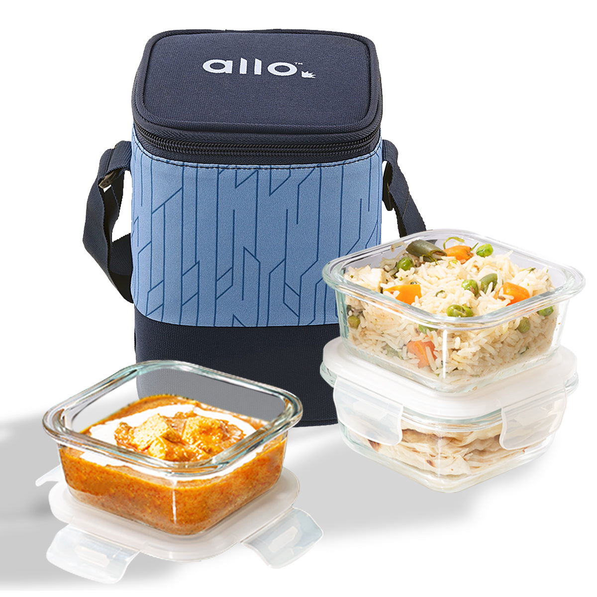 Allo Food Safe Glass Lunch Box, 450°C Microwave Safe Lunch Box, Borosilicate Glass Tiffin for office with Space Blue Tiffin Bag, Set of 3, 320ml x 3, square