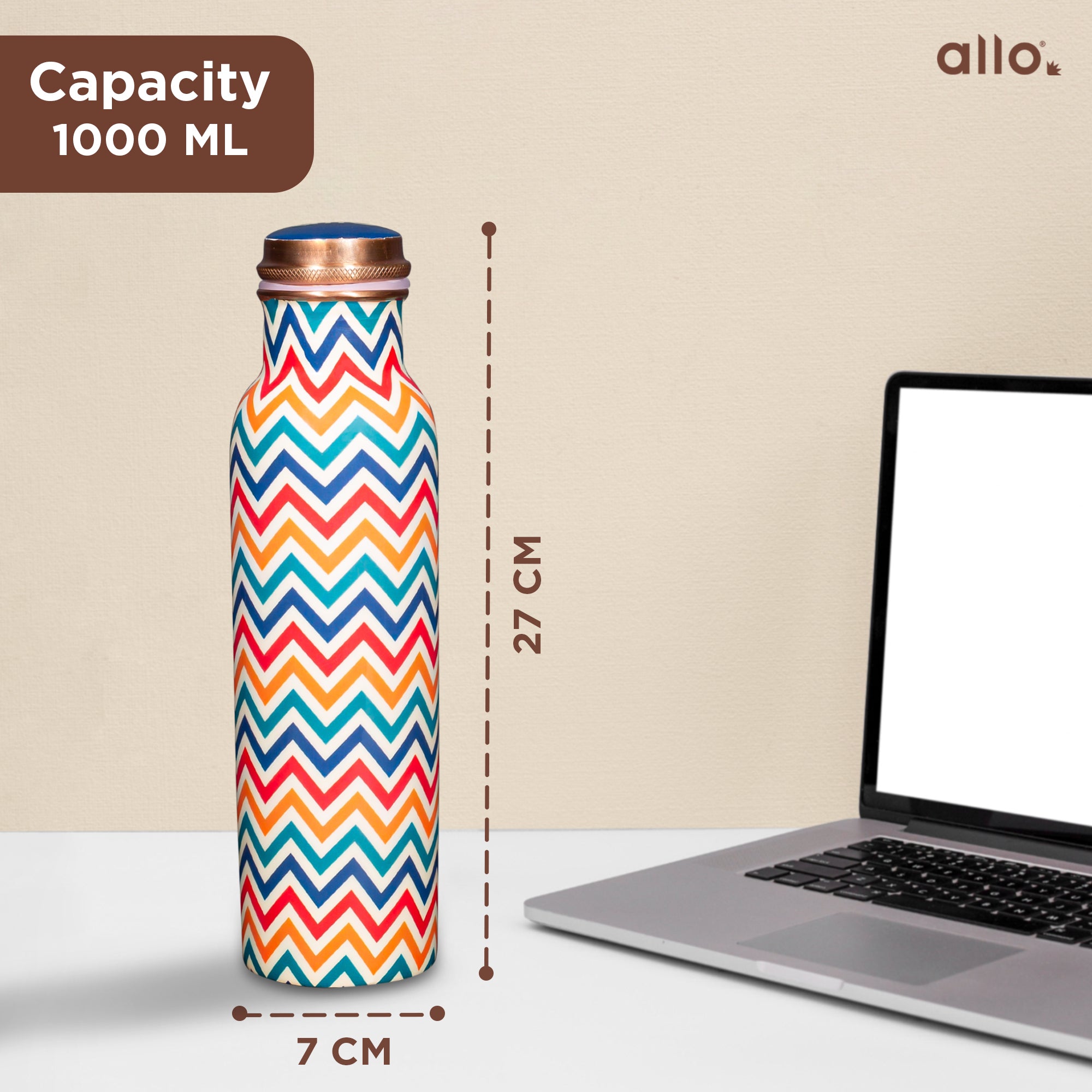 Allo Pure Copper Water Bottle 1 Litre Copper Bottle | Alkaline and Anti Oxidant | 100% Leak Proof, Office, Gym Bottle, Modern Tamba Bottle for Adults, Best Gift for Diwali (Chevron, MultiColor)