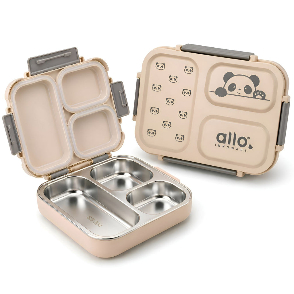Allo Bento Stainless Steel Lunch Box for Kids- BIS Approved, 304 Stainless Steel 3 Compartment Leakproof Tiffin Box for Boys and Girls for School, Travelling, Baby Snacks, 740ml Beige Panda