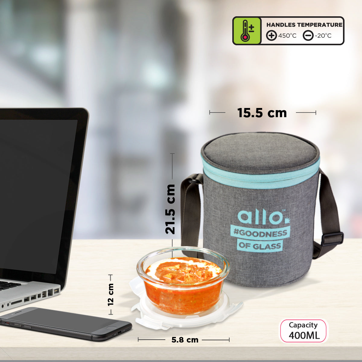 Allo Food Safe Glass Lunch Box, 450°C Microwave Safe Lunch Box, Borosilicate Glass Tiffin for office with Canvas Grey Tiffin Bag, Set of 3, 400ml x 3, Round