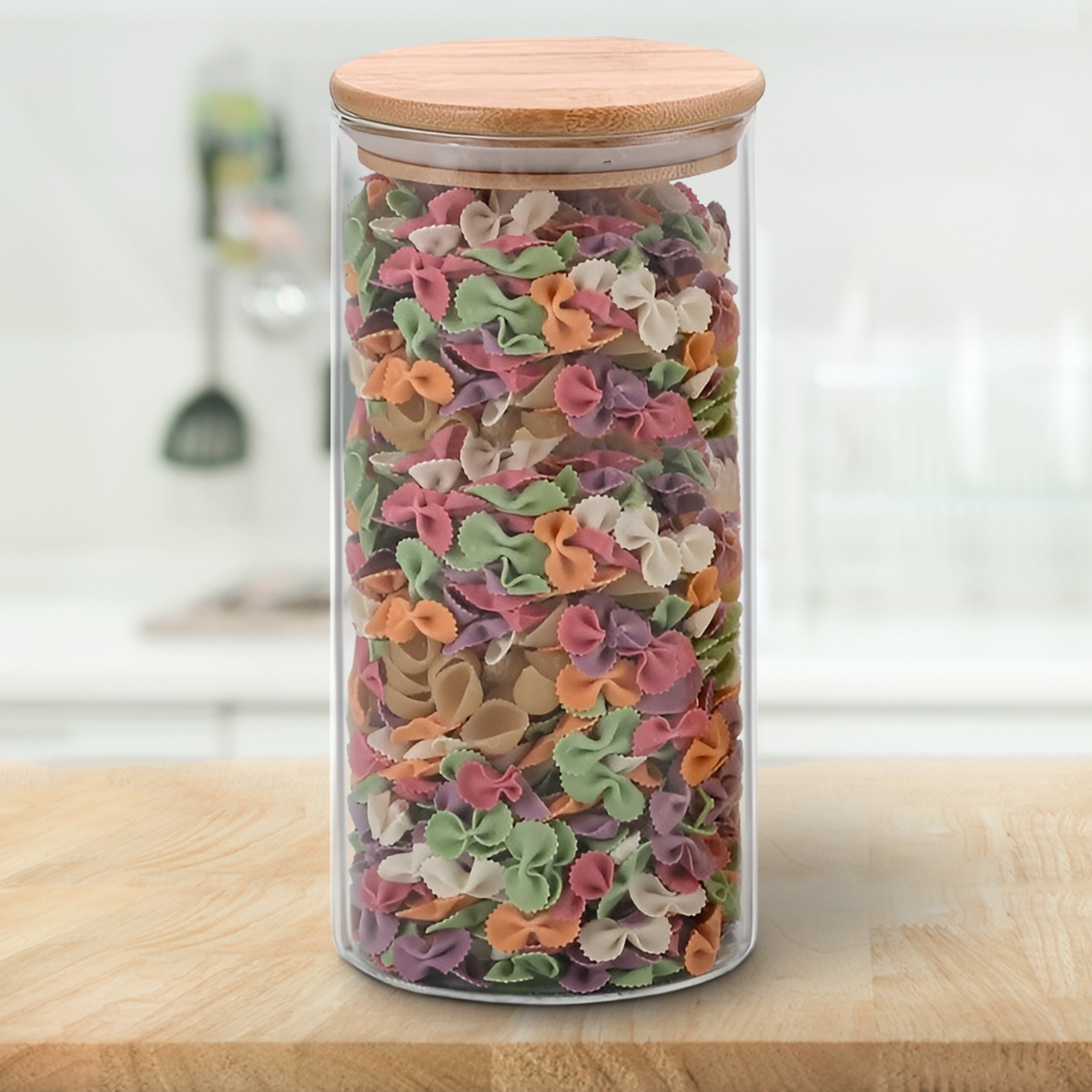 Allo 1000ML Kitchen Storage Box Glass Jars With Wooden Lids - Borosilicate Glass Food Storage Containers Airtight Glass Jar for Tea, Coffee, Spice, Pulses, Masala (Round Glass Jar - Set of 1)