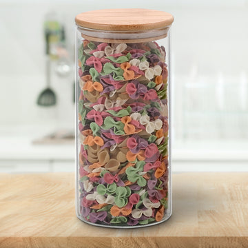 Allo 1000ML Kitchen Storage Box Glass Jars With Wooden Lids - Borosilicate Glass Food Storage Containers Airtight Glass Jar for Tea, Coffee, Spice, Pulses, Masala (Round Glass Jar - Set of 1)