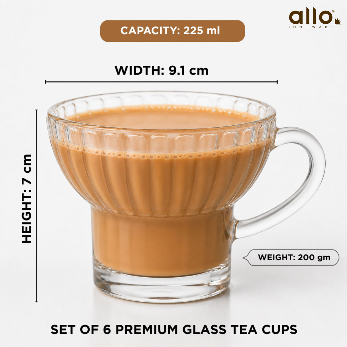 Allo Glass Tea Cups & Mugs, Set Of 6, 225 Ml, Cupset With Handle For Chai, Coffee, Green Tea, Latte | Elegant Home & Kitchen Glassware | Gift Set Packaging | Transparent Ribbed Tea Cup