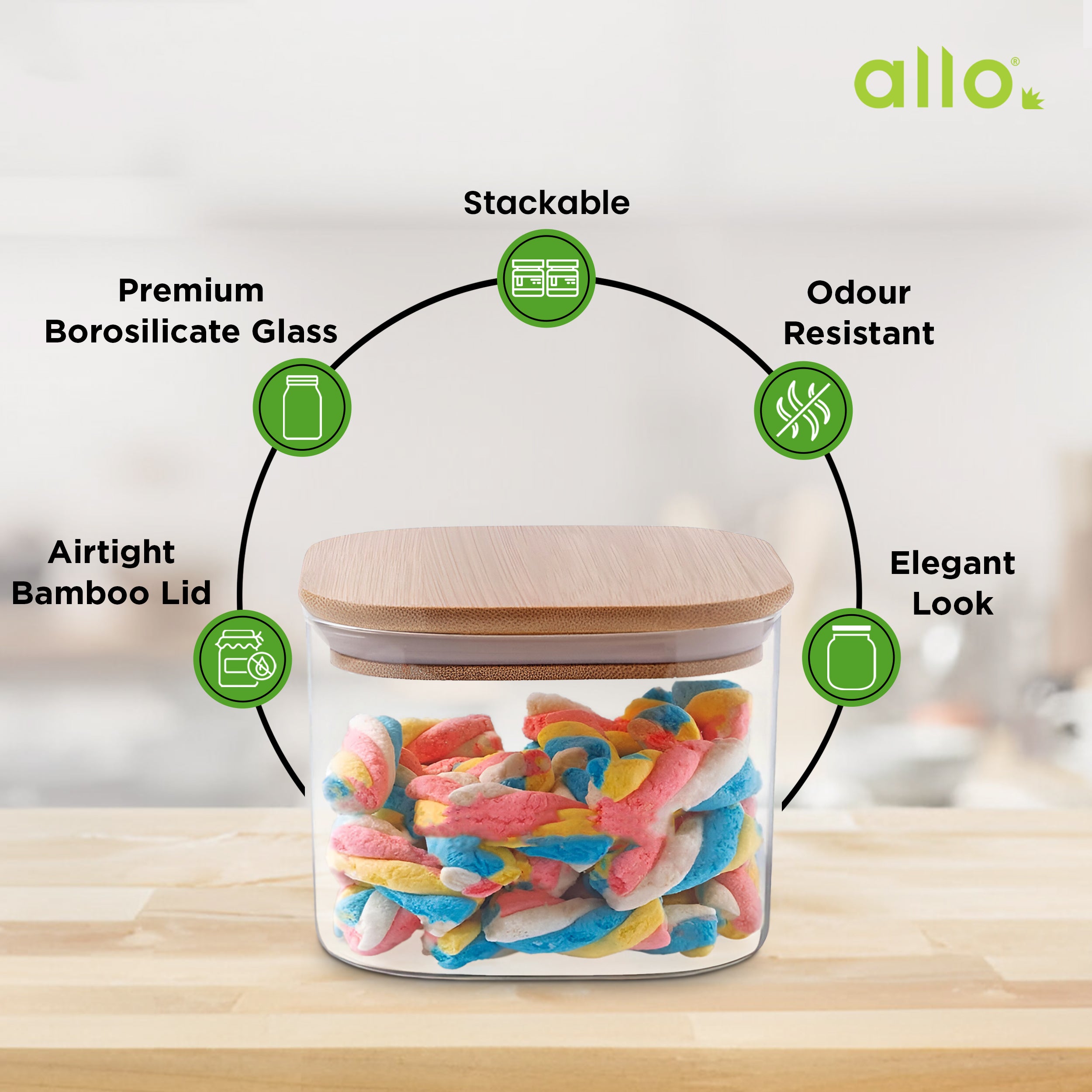 Allo 300ML Kitchen Storage Box Glass Jars With Wooden Lids - Borosilicate Glass Food Storage Containers Airtight Glass Jar For Tea, Coffee, Spice, Pulses, Masala (Square Glass Jar - Set of 5)