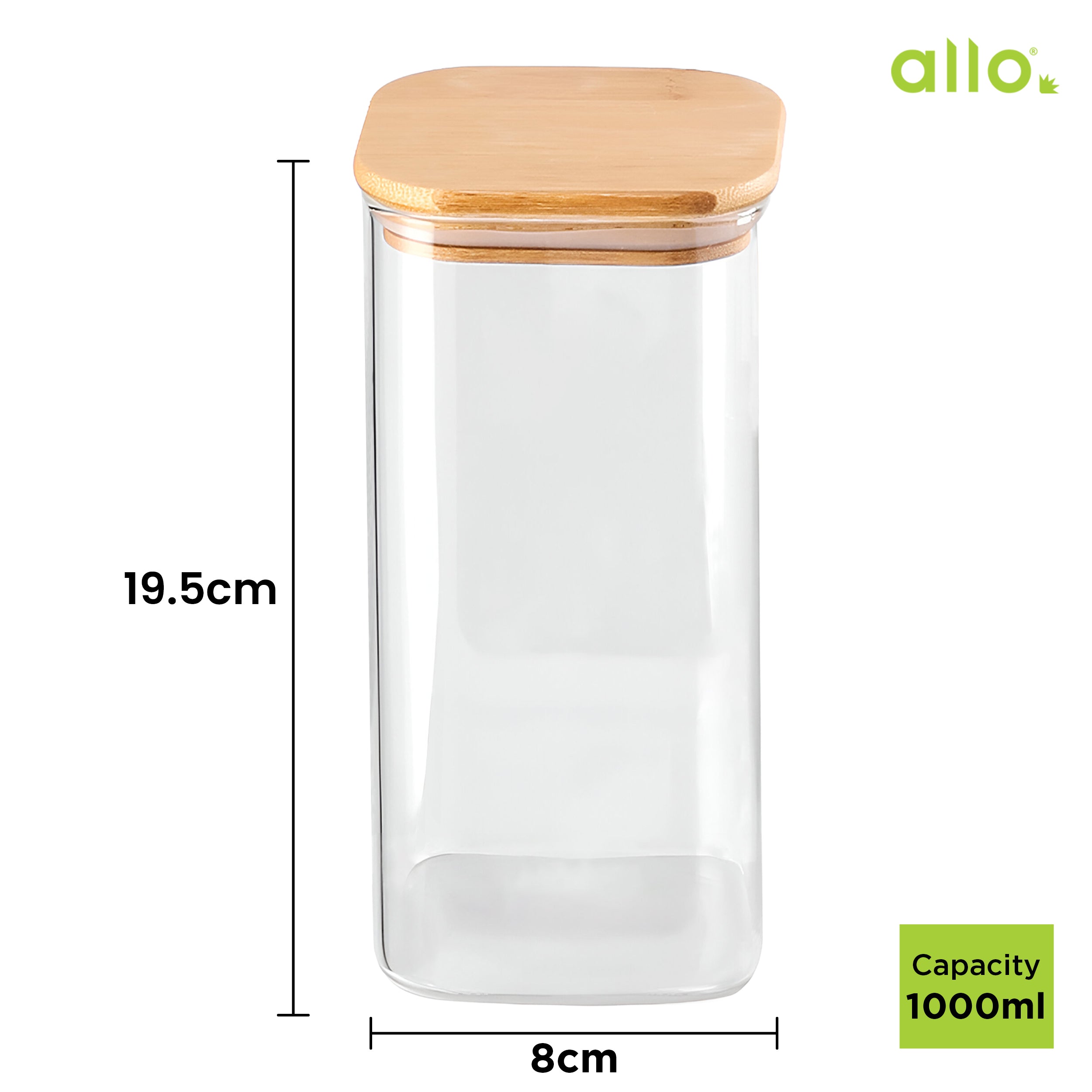 Allo 1000ML Kitchen Storage Box Glass Jars With Wooden Lids - Borosilicate Glass Food Storage Containers Airtight Glass Jar For Tea, Coffee, Spice, Pulses, Masala (Square Glass Jar - Set of 1)