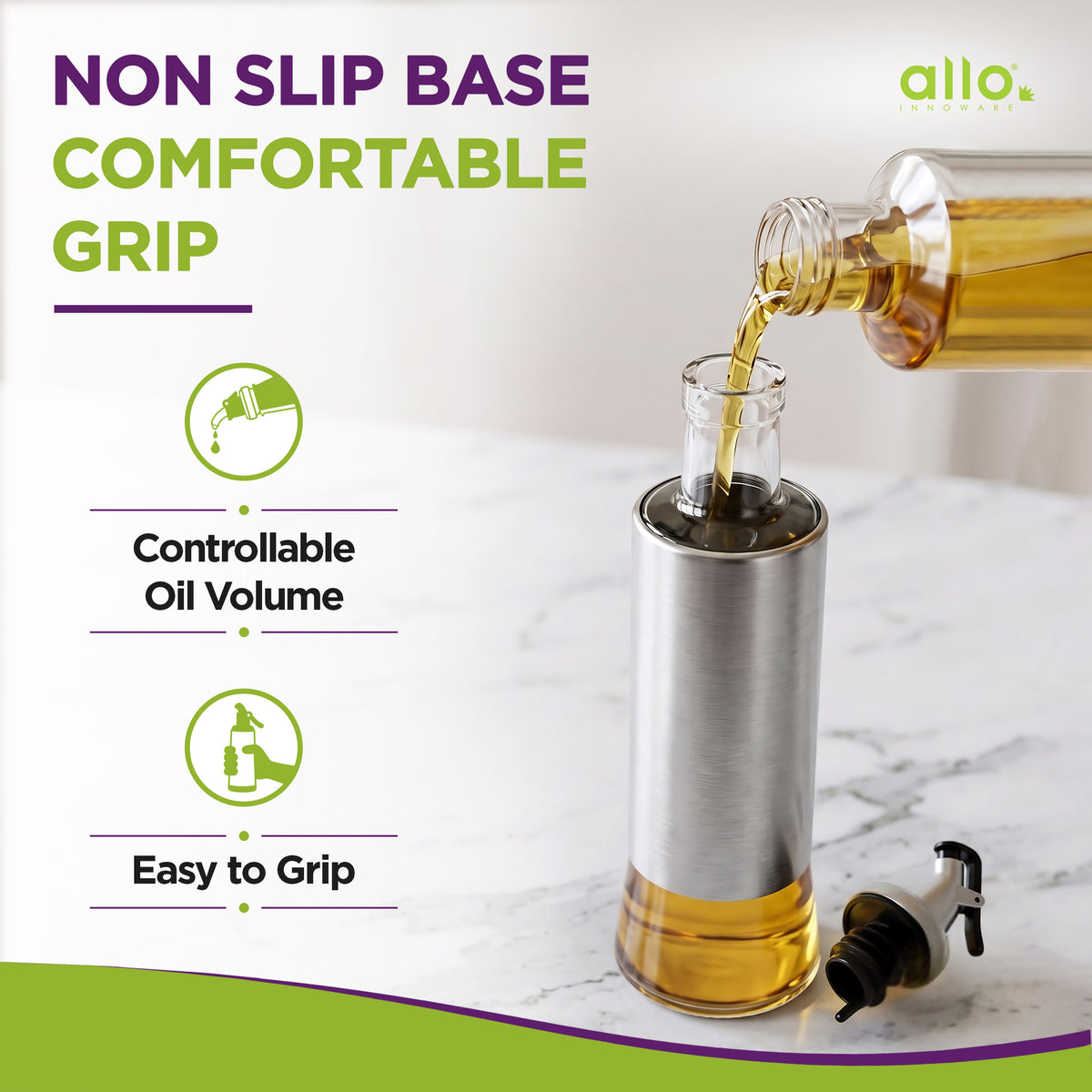 Allo Glass Oil Dispenser For Kitchen With Stainless Steel Cover| 300 ml Oil Bottle For Cooking | Home & Restaurant Use (0.3 Litre | Clear)