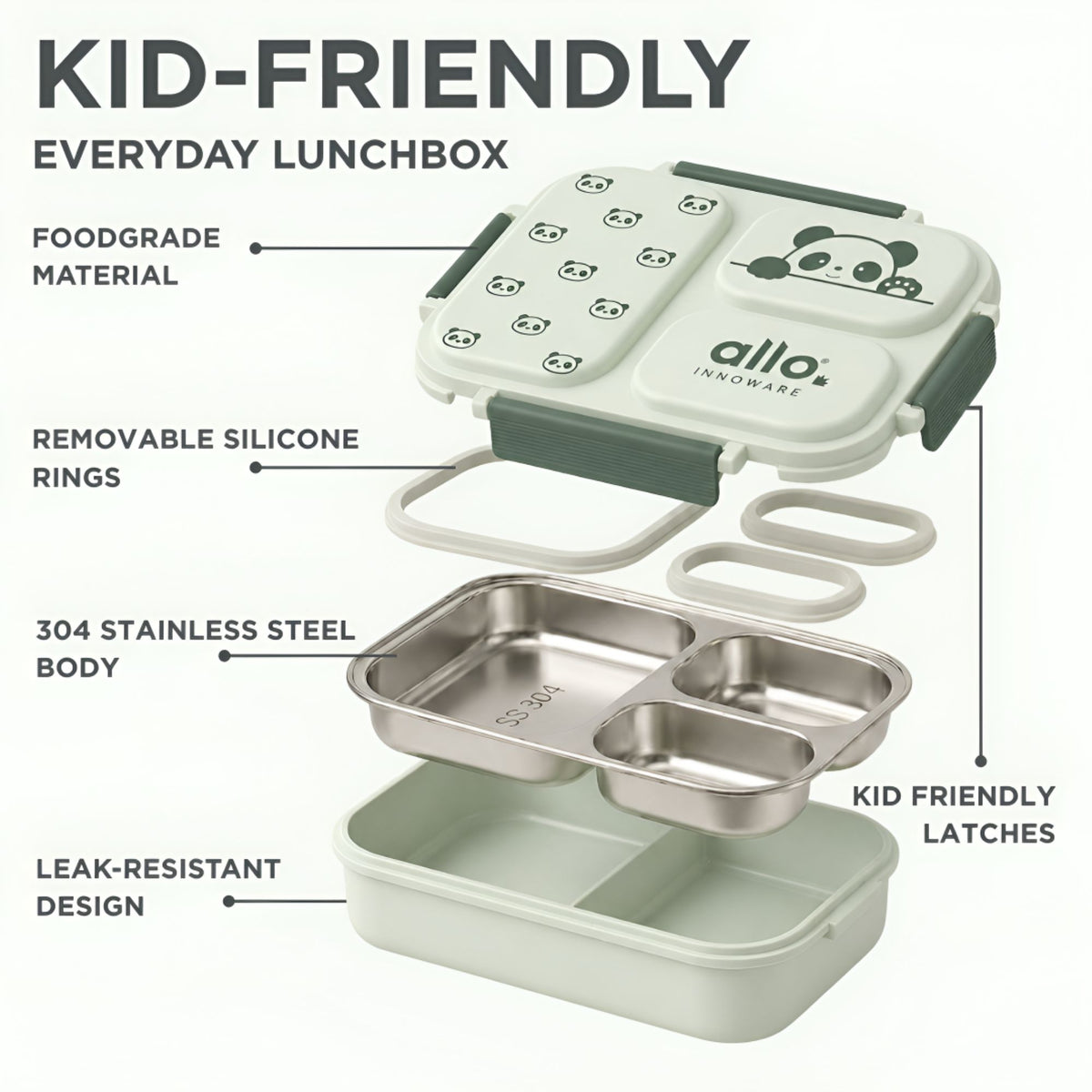 Allo Bento Stainless Steel Lunch Box for Kids- BIS Approved, 304 Stainless Steel 3 Compartment Leakproof Tiffin Box for Boys and Girls for School, Travelling, Baby Snacks, 740ml Green Panda